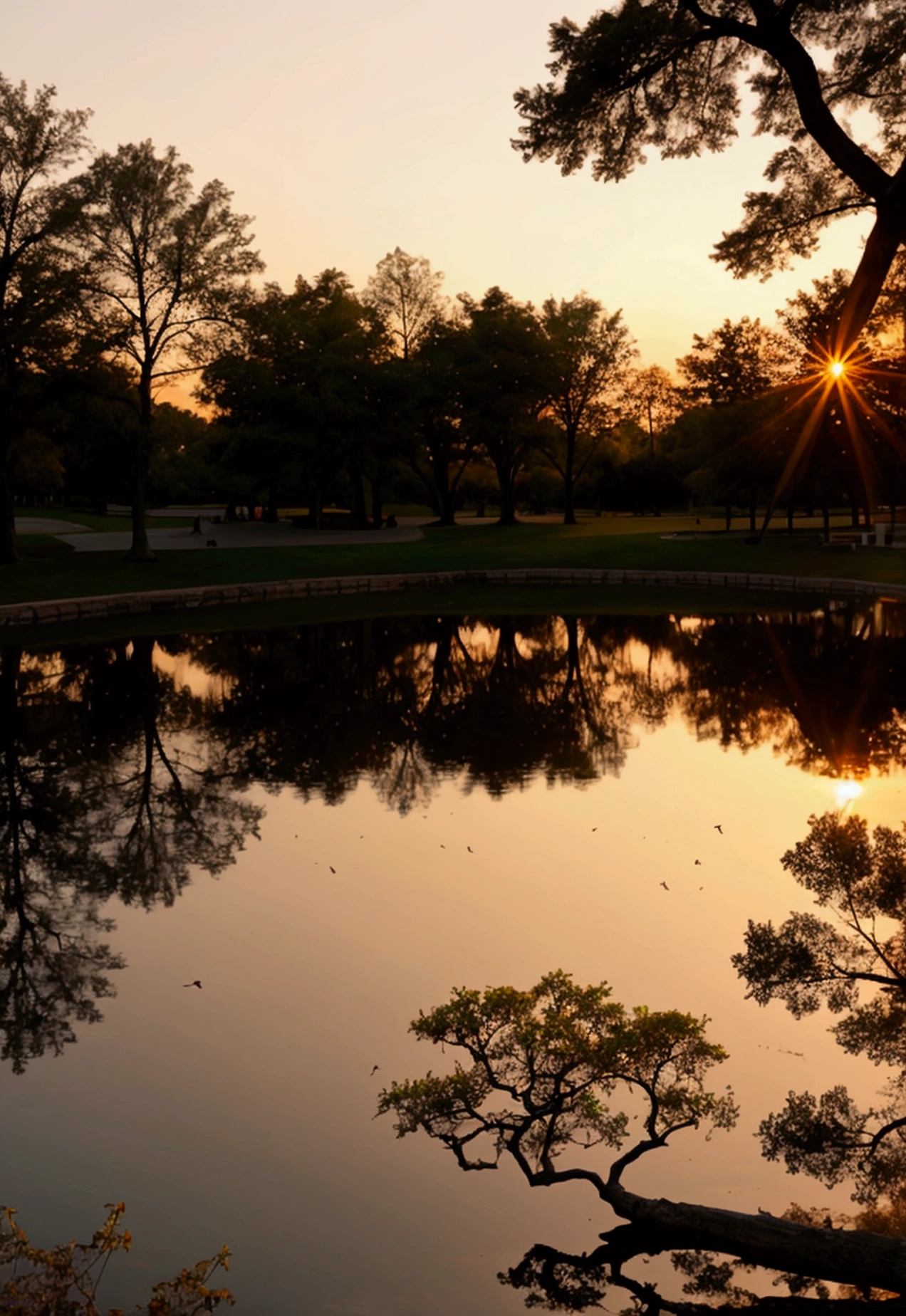 A serene and picturesque park scene at sunset. .