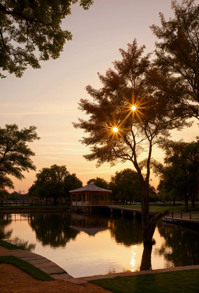A serene and picturesque park scene at sunset. .