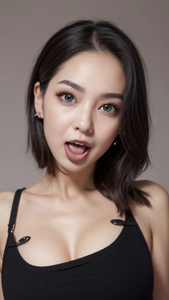 Her playful expression, big breast, with her tongue out and a hint of mischief in her eyes, suggests a whimsical personality. The piercings on her tongue and lower lip add an edgy twist to her otherwise delicate look.
