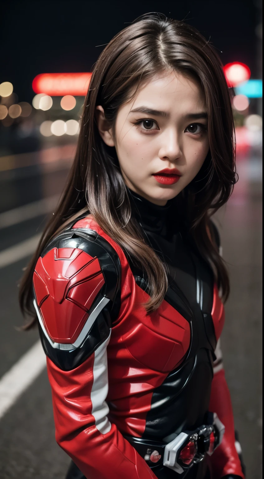 (Wearing Kamen Rider Ark), Very cute and baby-like face, Power puff girl, Naked, Angry pose, Angry face, (((BROWN HAIR MALAY GIRL))), masutepiece, High quality, UHD 45K, Realistic face, Realistic skin feeling , A Japanese Lady, 8 years old, , Very cute and baby-like face, (((FLAT CHEST))), (MATRIX WORLD), ((look In front at the camera and SADNESS)), with Kamen Rider fashion, ((RED BLACK KAMEN RIDER COSTUME)), captured in ultra high resolution with photorealistic and beautiful lighting. This masterpiece is of the best quality and is set against a zentangle, (((CUTE GIRL))), ((RED LIPS)), ((NUDE)), ((CHUBBY)), ((KAMEN RIDER GIRL)). Malay girl wearing red black Kamen Rider in the middle of the toll road