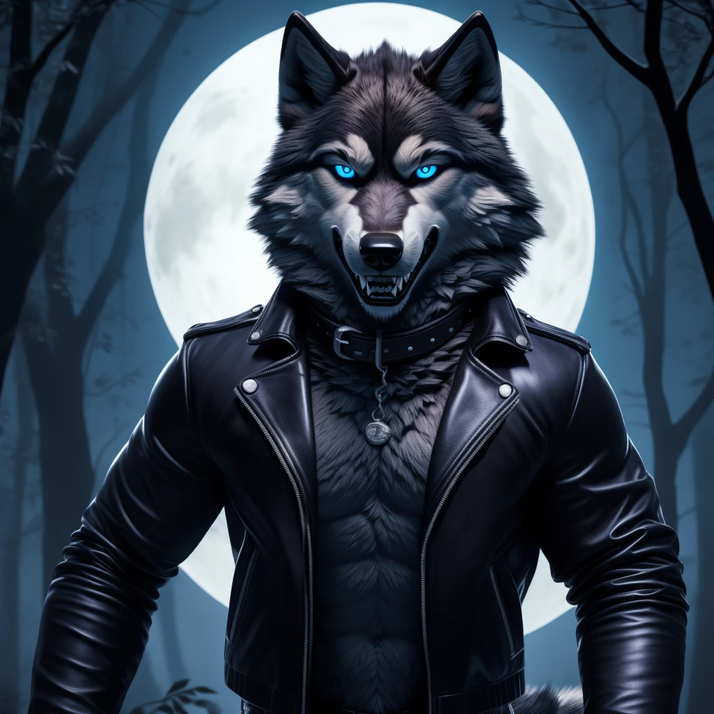 Posing, Male, 30 years old, eyeliner, black leather jacket, anthro, wolf ears, (black fur:1.5), wolf, forest background, 8k, hi res, (best quality, masterpiece), (wolf tail:1.5), detailed fur, solo, blue jeens, blue eyes, collar, evil grin, crazy expression, barring teeth