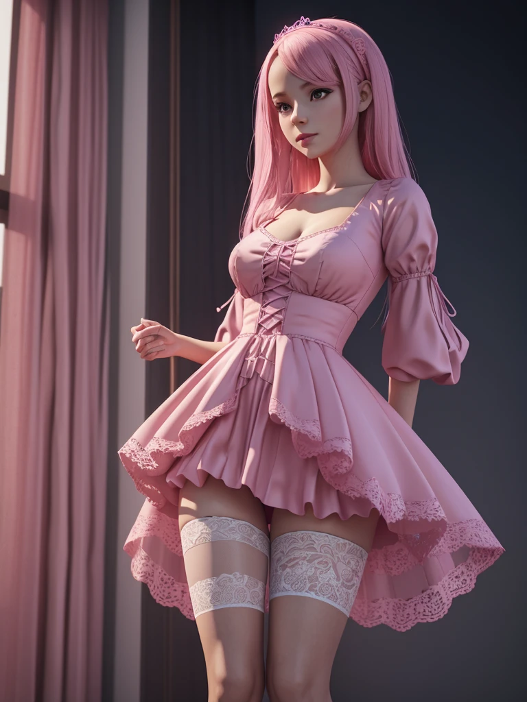 arafed woman in a pink dress and stockings is posing, a 3D render inspired by Esaias Boursse, deviantart contest winner, conceptual art, 3 d render of a full female body