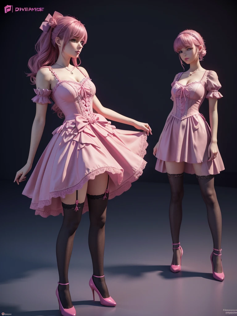 arafed woman in a pink dress and stockings is posing, a 3D render inspired by Esaias Boursse, deviantart contest winner, conceptual art, 3 d render of a full female body