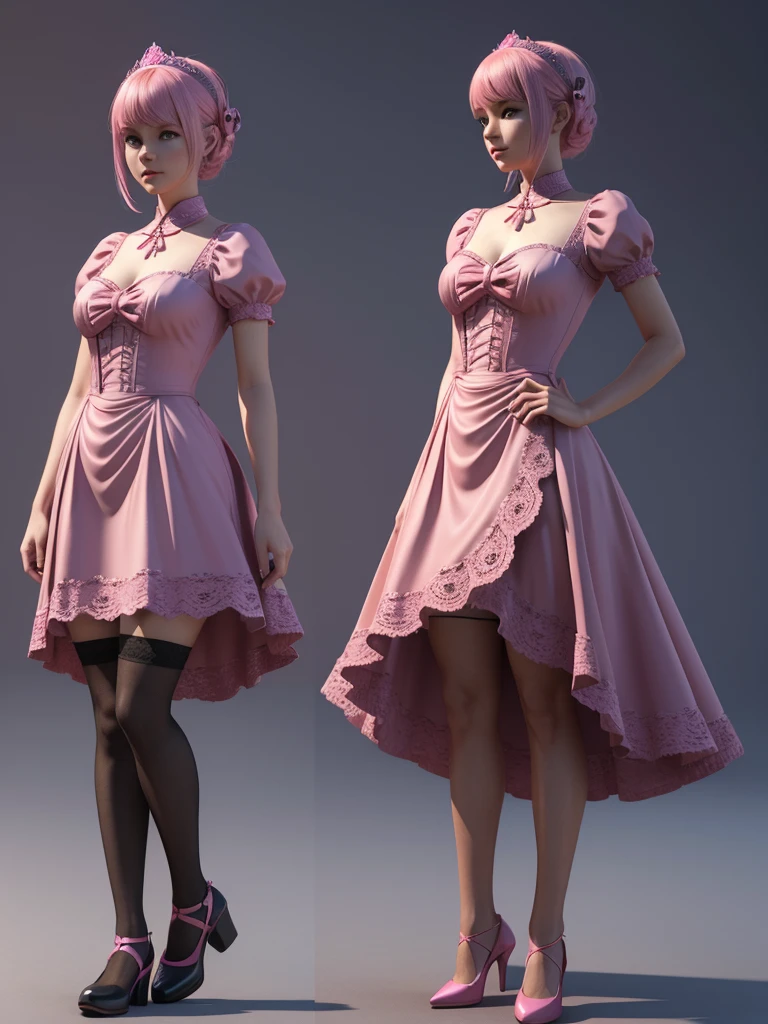 arafed woman in a pink dress and stockings is posing, a 3D render inspired by Esaias Boursse, deviantart contest winner, conceptual art, 3 d render of a full female body