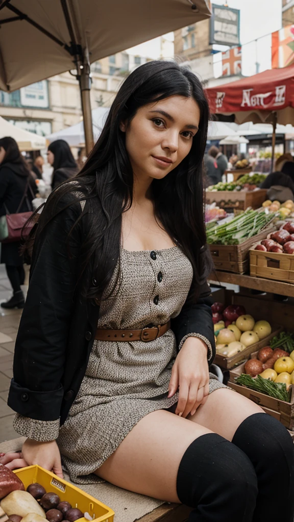 British lady with long black hair sitting at the market in London 