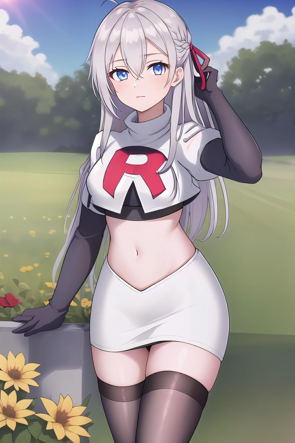 alisa,1girl,solo,long_hair,looking_at_viewer,bangs,blue_eyes,hair_between_eyes,hair_ribbon,ahoge,grey_hair,team rocket,team rocket uniform,white skirt,red letter R,crop top,black thigh-highs,black elbow gloves,flower_field