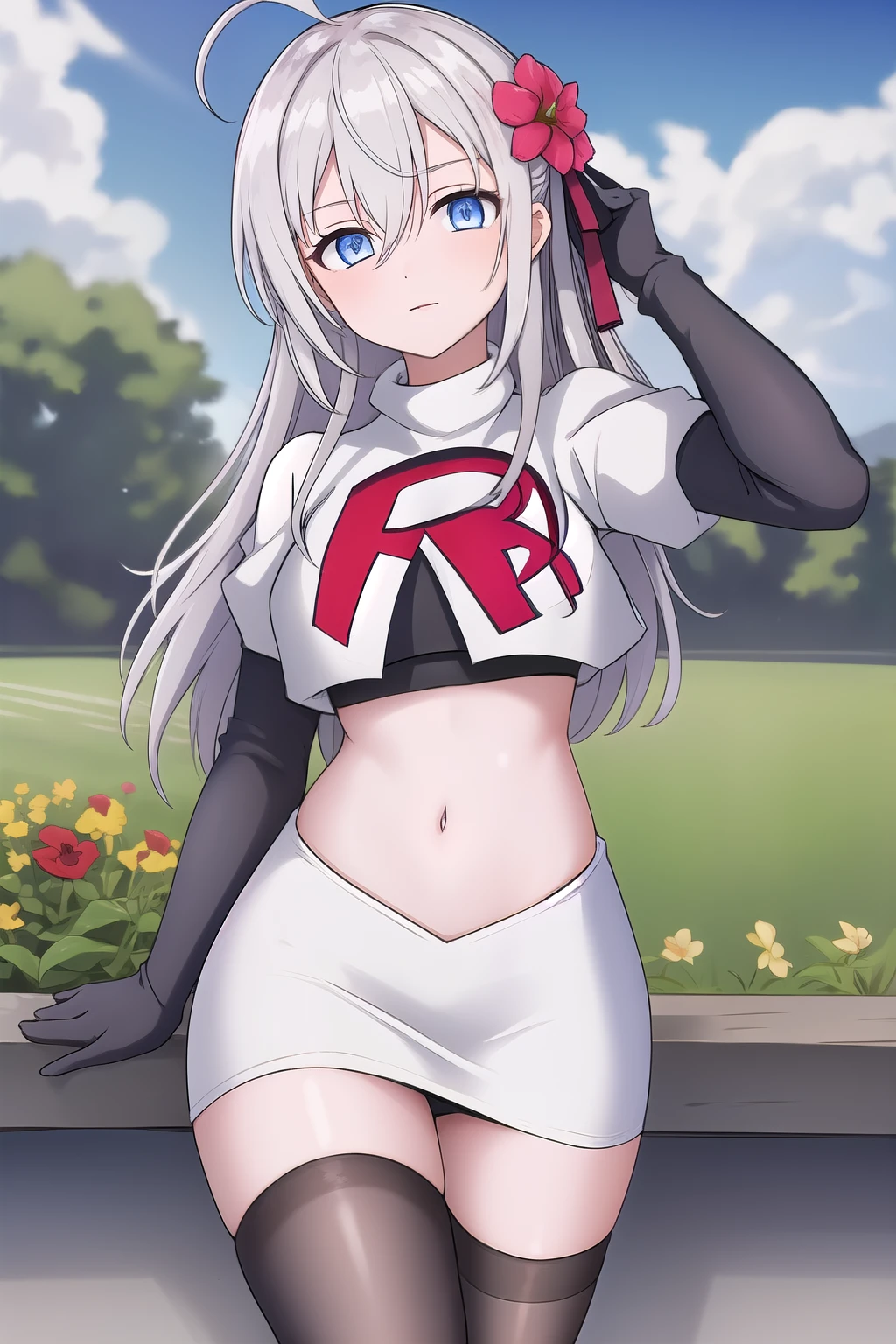 alisa,1girl,solo,long_hair,looking_at_viewer,bangs,blue_eyes,hair_between_eyes,hair_ribbon,ahoge,grey_hair,team rocket,team rocket uniform,white skirt,red letter R,crop top,black thigh-highs,black elbow gloves,flower_field