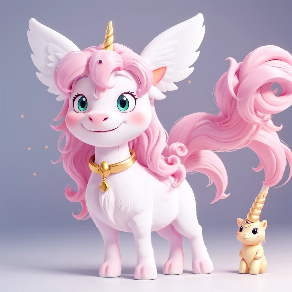 just a skinny cute looking unicorn with pink manes and an all white body with a golden horn right in the middle and with white wings and four legs