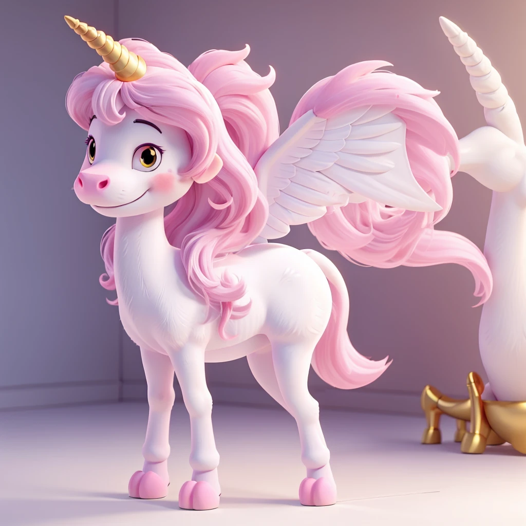 just a skinny cute looking unicorn with pink manes and an all white body with a golden horn right in the middle and with white wings and four legs