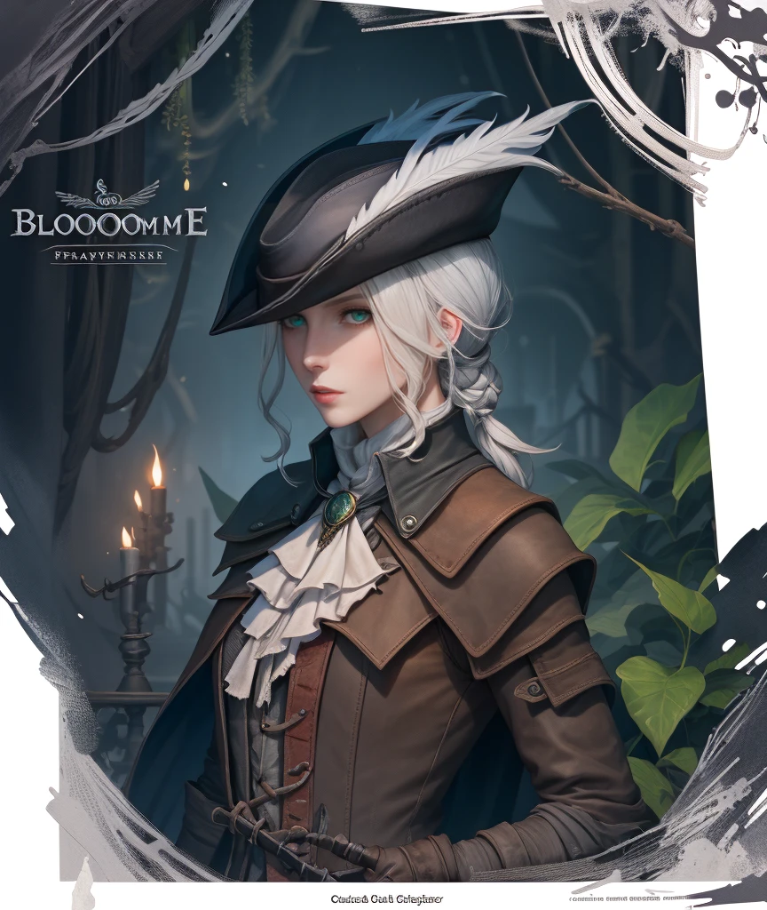 {{{masterpiece}}}, {{{best quality}}}, {{{ultra-detailed}}}, {cinematic lighting}, {illustration}, very detailed eyes, expressionless, 1girl, white_hair, green_eyes, hat_feather, boots, gloves, tricone, ponytail, lady maria of the astral clocktower, bloodborne, blood, {Portrait}, looking at viewer