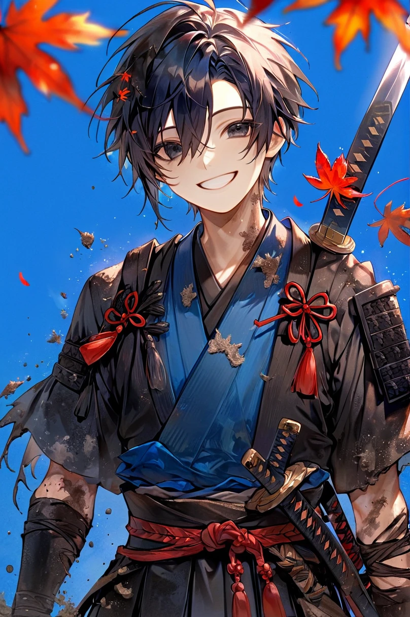 Ronin, Dirty, Boy, Two sword, black eyes, black samurai hair, ragged body, Deep blue Torn clothes, Smile, Maple leaf background.