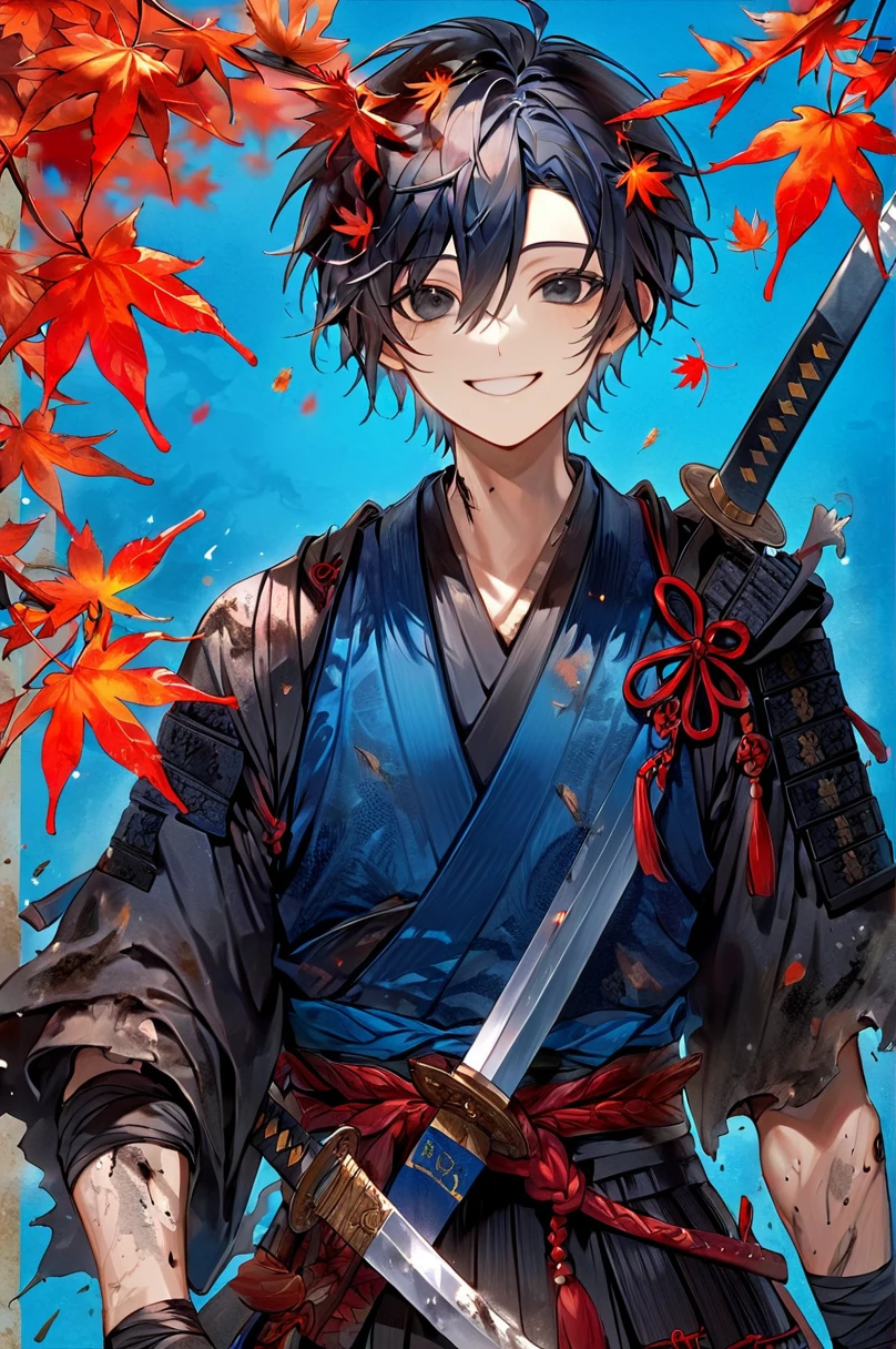 Ronin, Dirty, Boy, Two sword, black eyes, black samurai hair, ragged body, Deep blue Torn clothes, Smile, Maple leaf background.