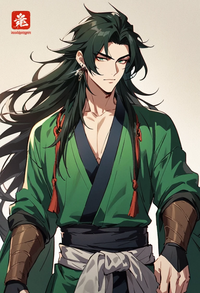 Rogue, 1male, use dragger, fasionlonghair, handsome , blackhairhightlightgreen, japan style, coolman, fantasy, earing, 