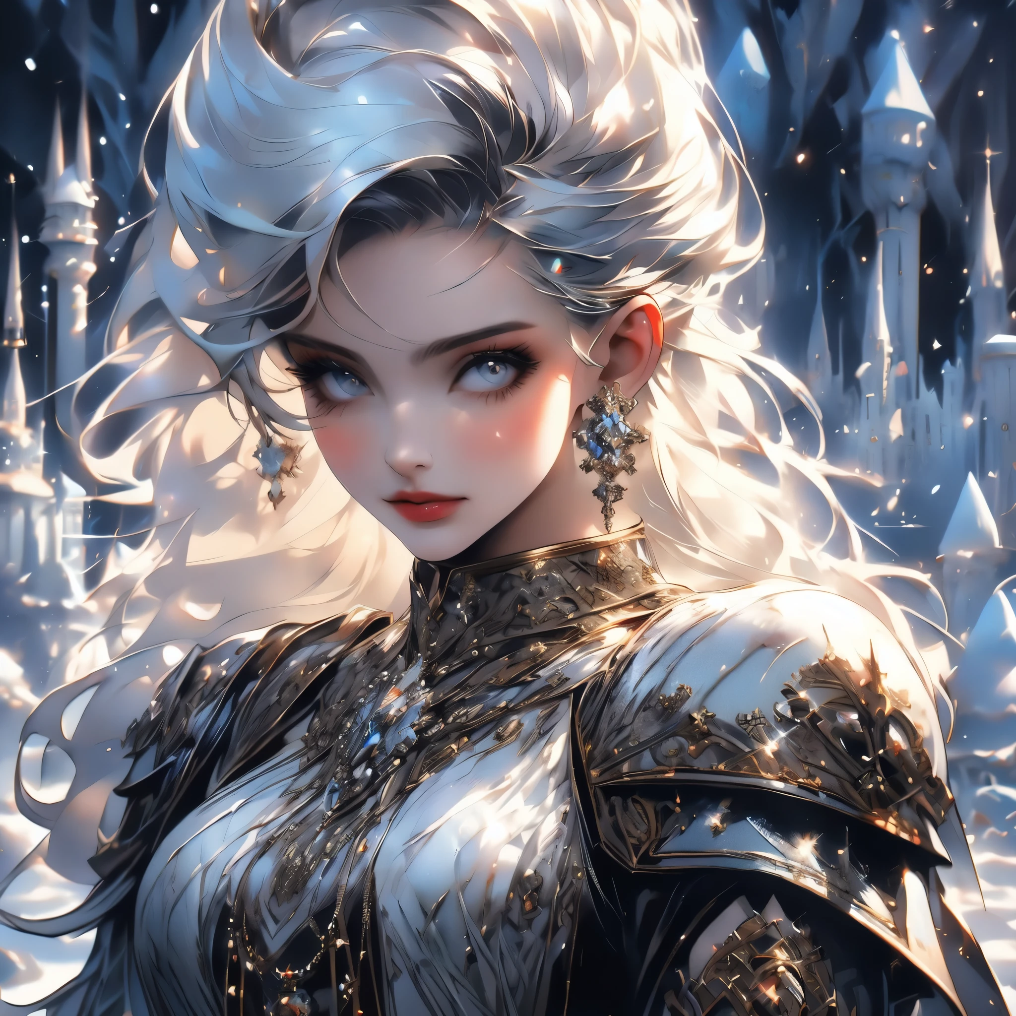 ((high quality:1.2, masterpiece:1.2)), 1girl, beautiful face, white hair, grey eyes, dynamic pose, (death knight, fantasy), (face shot, upper body), fantasy, (noon, ice castle background:1.2), majestic clouds, absurdres, high details, detailed and intricate, best lighting, sharp focus, realistic lighting