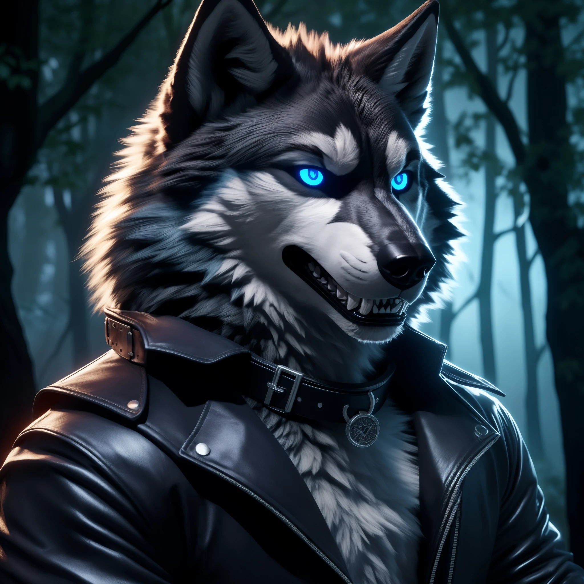 Posing, Male, 30 years old, eyeliner, black leather jacket, anthro, wolf ears, (black fur:1.5), wolf, forest background, 8k, hi res, (best quality, masterpiece), (wolf tail:1.5), detailed fur, solo, blue jeens, blue eyes, collar, evil grin, crazy expression, barring teeth