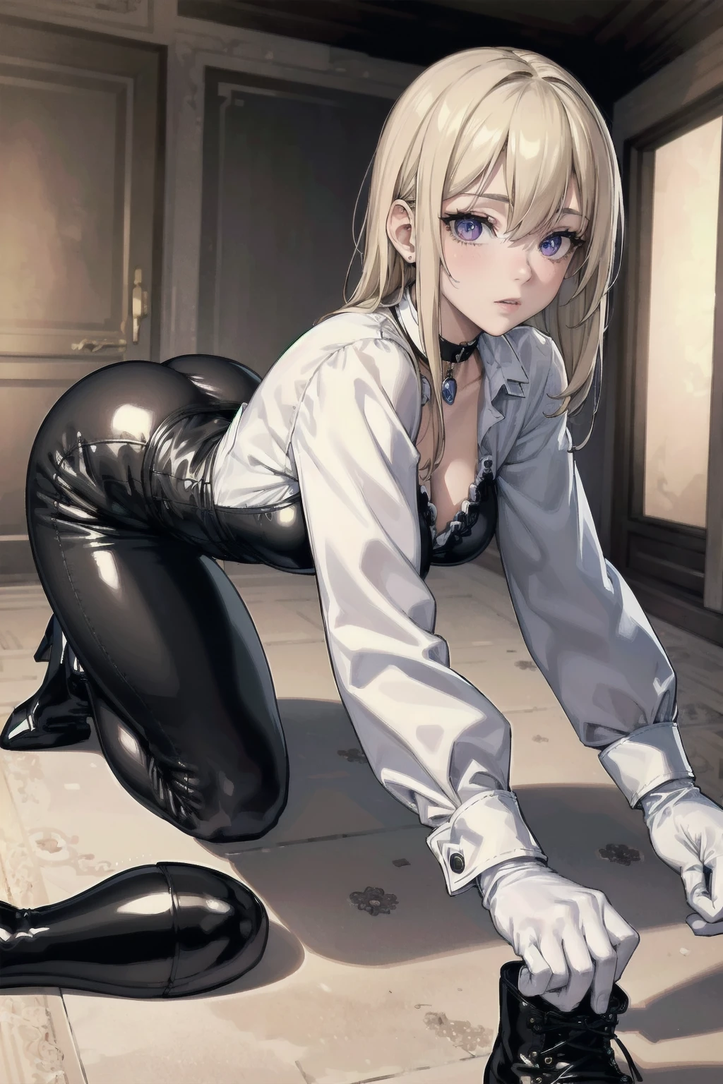 Masterpiece, Superior image quality, high resolution, 4k image,photo and gross, photorealistic, Very detailed face, Detailed clothing, detailed fabric, 1 young girl of seen from behind, doggy position, on all fours, showing the ass, perfect ass , perfectly drawn body, pale skin, shy expression, beautiful face, long blonde hair, 4k eyes, very detailed eyes, choker: 1.6, (white long sleeve button down shirt with white collar), black gloves, gloves that cover hands, (black leather corset), (shiny black leggings), Black leather boots, sensual lips, show details in the eyes, looking at the viewer, large elegant illuminated room