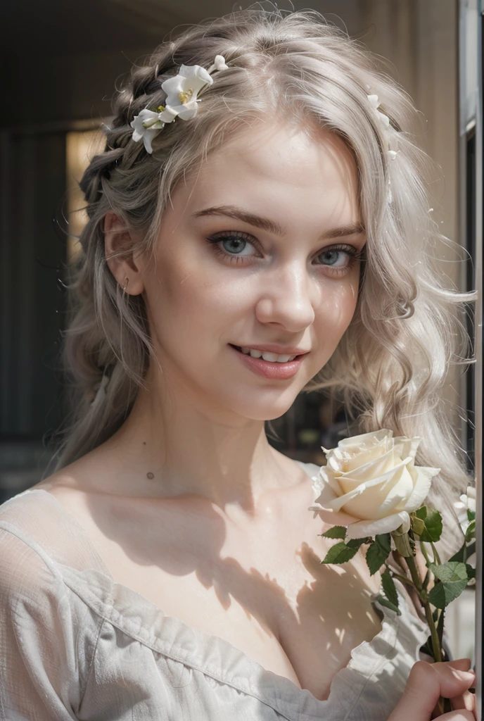(((ultra realistic))) Photo, masterpiece, top quality, pale skin, (Ultra detailed face and eyes:1.2), 1 girl, she has a cute smile, ((beautiful teeth smile, smiling, open mouth)) , full white hair, gloomy atmosphere, flowers garden background, (Eye makeup, mascara) , ((full white wavy hair)) , ((Stylish hairstyle)) , {Gigantic|Big|Huge|Mega} breasts, silly huge breasts, [[Slim waist, slender body]] . ((Posing)) , (body curves), In Lifchik, photoshoot, studio (Contour lighting), (The play of light and shadows), depth of field, bokeh, (special attention to skin detail: 1.2), Detailed transparent texture, skin pores, ((Dark and gloomy atmosphere frame. color scheme - black, Gray, Ashen, Tons)), (Film grain, VHS effect), (shine) , ((rays)) , ((portrait, close to the camera)) , ultra detailed, she has a cute smile, she held a white rose in her hand