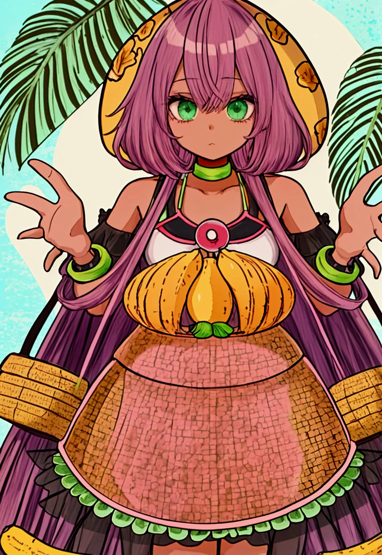 ((Artwork, high quality)), (black girl), (pink hair), (green eyes), (wearing a beach outfit), (at a large party), (decorated with coconuts, eggplants, and bananas).

