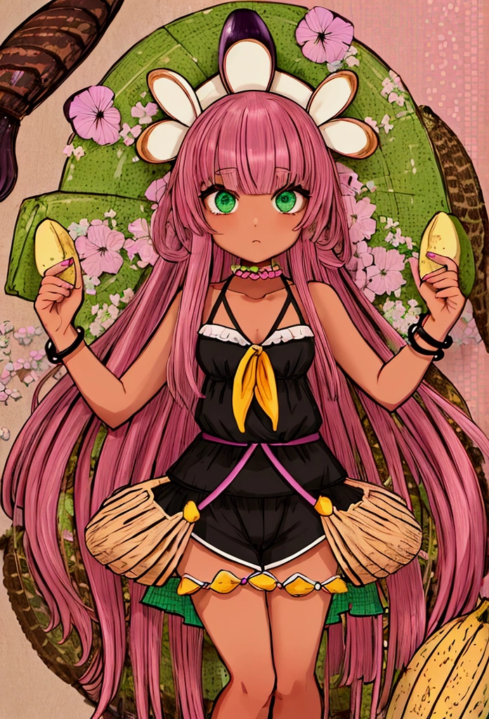 ((Artwork, high quality)), (black girl), (pink hair), (green eyes), (wearing a beach outfit), (at a large party), (decorated with coconuts, eggplants, and bananas).

