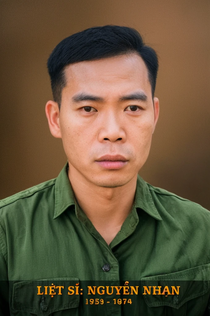 RAW photo of a 30 year old man, wearing a green Vietnamese army shirt, Asian, short black hair, real face, real skin, (photorealistic:1.4), (high detail soft skin:1.2 ), 8k uhd, dslr, soft light, high quality, grain film, Fujifilm XT