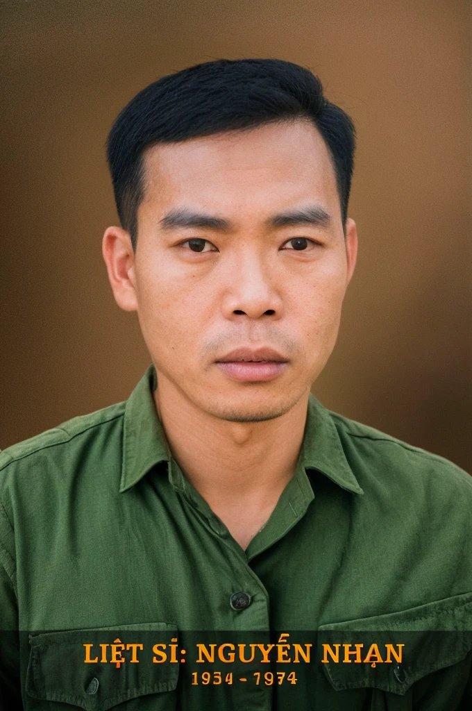 RAW photo of a 30 year old man, wearing a green Vietnamese army shirt, Asian, short black hair, real face, real skin, (photorealistic:1.4), (high detail soft skin:1.2 ), 8k uhd, dslr, soft light, high quality, grain film, Fujifilm XT