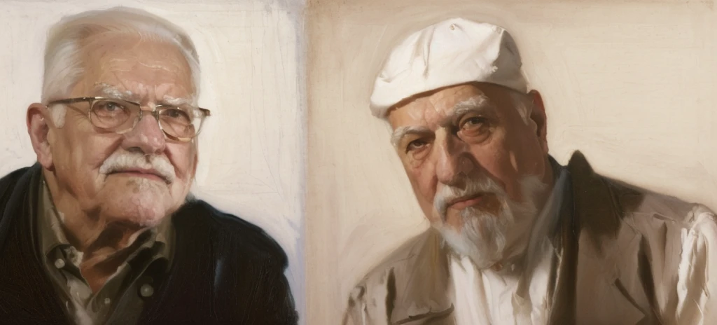 Oil painting of two old men ((best work of art)) ((two elderly men)) ((White background)) Brown hair, modern, current white background, Nick Alm, by Andrea Pozzo, Jeremy Lipking, range murata Jeremy Lipking, by Carlo Mense, inspired by Enrique Simonet, sargento marshénnikov, by Michael Ford, krenzcushart, Jeremy Lipking full length shot, by Josep Rovira Soler