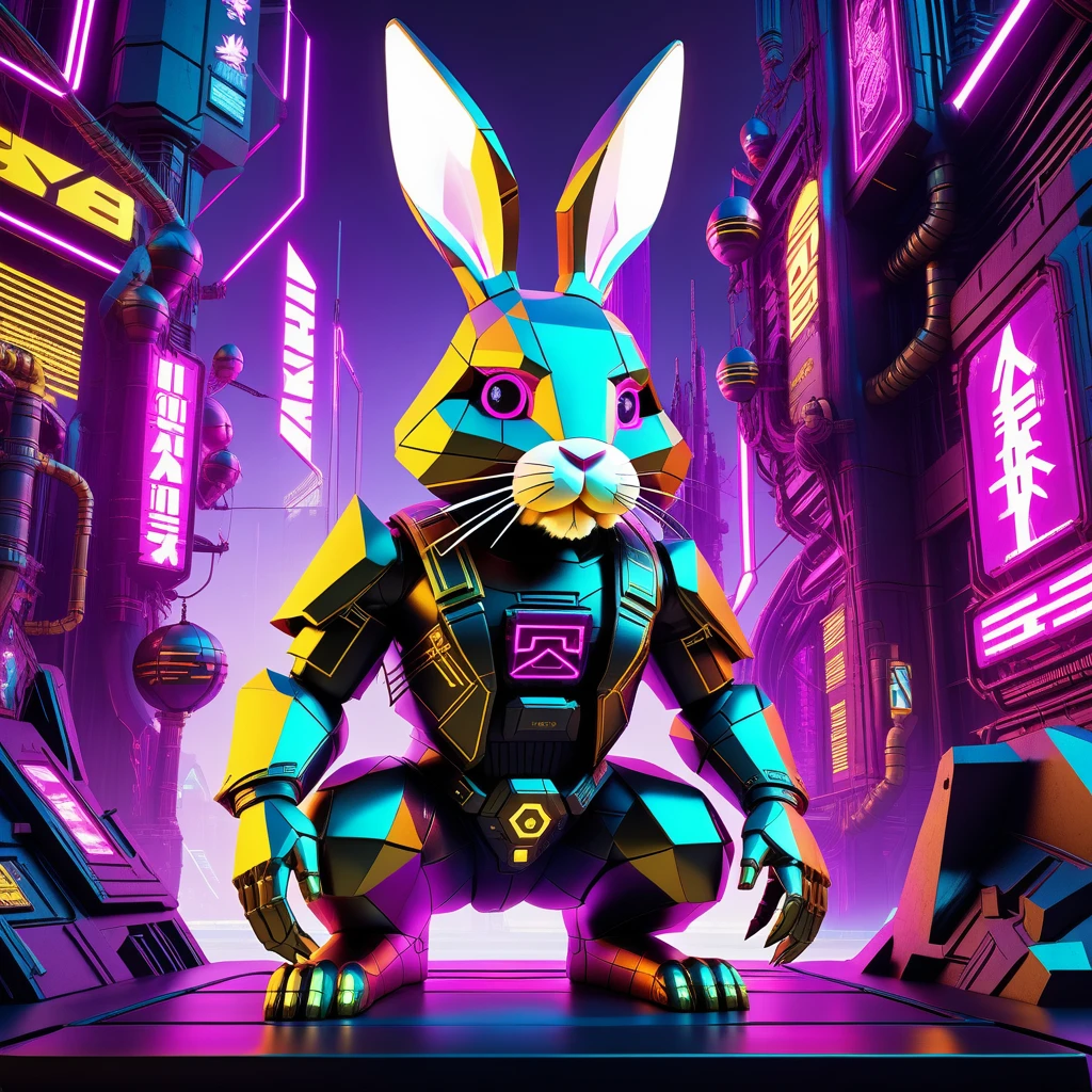 Low-poly Easter Bunny, (reimagined in a cyber punk universe), (cyber punk style), (cyber punk), (increase), cybernetics, glowing golden neon lights, cinematic scene, hero&#39;s vision, action pose, beautiful 8k, detailed back ground, work of art, best qualityer, high qualiy, absurderes, vivid.. arte de jogo low-poly, polygonal mesh, irregular, blocked, wire frame edges, centered composition
