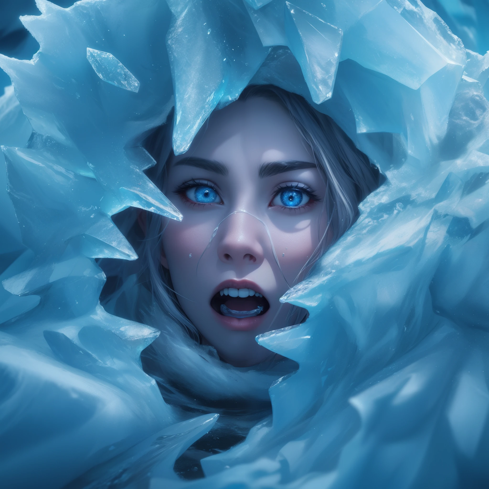 high quality, 8k, highly detailed, ultra-detailed, stunning, fine art, portrait, fantasy, ice goddess, frozen girl, girl trapped in ice, girl stuck in Iceland, funny facial expression, frozen face, ice sculpture, ice crystal, frosty, snow, icy landscape, blizzard, cold, winter, chilly, blue tint, cool colors, cinematic lighting, dramatic lighting