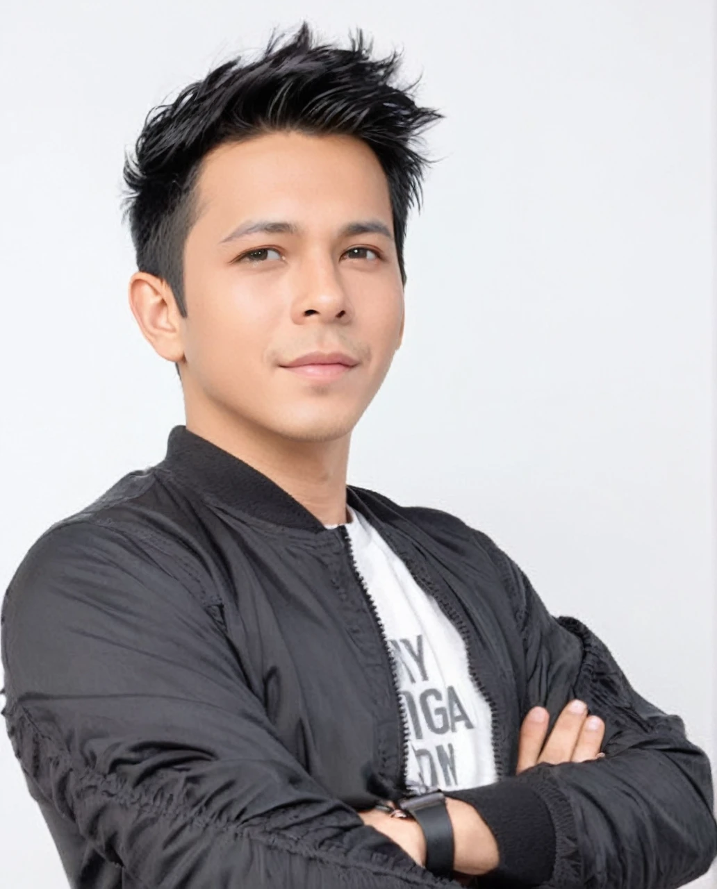 masterpiece, Best quality, ultra detailed, realistic, Detailed Face, Detailed and realistic skin, perfect shiny skin, One male, young man, 20 years old, (short buzz cut Gradient black Hair), cinematic lighting, half body, sitting on gaming chair, front face, half body, teal green oversized t-shirt ( green ) , oversized long pants, sitting, sitdown, talking with hands gesture, front view, big smile
