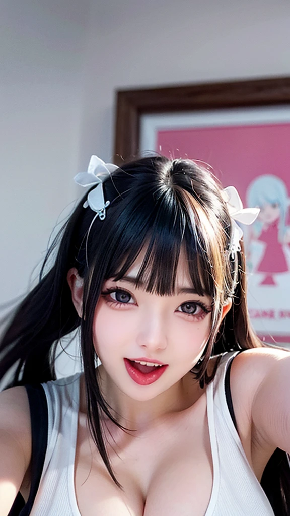 highest quality, 8K, pretty girl、((ベッドの上にOn your back:1.3)), (bedroom:1.2), (spread arms), ((On your back)), (armpit:1.32) , (Face close-up), 、(Beautiful girl 8 years old), cleavage, (Big eyes:1.2)、Big eyes shining in beautiful pale white, ((Watching the audience:1.2), Mid-chest, Tear bags、Softray、Beautiful girl 8 years old、 Underarm, Unparalleled beauty、(Laughter:1.32)、( tongue out:1.32), Open your mouth:1.1, (armpit:1.5), ,(long tongue:1.32),Natural Makeup、Gloss Lip, Silky, shiny skin、Asymmetrical Bangs、snow-white beautiful skin、Large Breasts、Bust Shot、((Upper Body)), race、Sheer frill cami、Cheerleader、 Wavy Hair, , (smile:1.32)、(Open your mouth:1.2)、世界で最も美しい顔を持つpretty girl、Earrings, ( Face close-up), ((Angle from the front:1.3)), (Flowers of all kinds々Surrounded by:1.3), cornrows, happy:1.2, open mouth,  恥ずかしそうなsmile, tareme, (armpit:1.5), (selfie),(pink long tongue:1.42), (( tongue out:1.32)), saliva、小さなEarrings