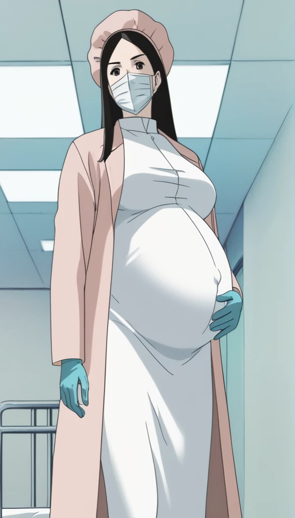 score_9, score_8_up, score_7_up, source_anime, raw image, masterpiece, highest quality, kasuganoray, pale skin, crafty eyes, long black hair, big breasts, scrubs, surgical mask, bouffant cap, long sleeve maternity dress, put on another long sleeved coat, seamless, navel head, the dress isn't wrinkled, long white stockings,
1girl, pregnant, solo, long rubber gloves, looking down, look at viewer, furrowed brow, hospital bed, light shines from the ceiling, standing, patient room background, she is inquiring about the patient's condition