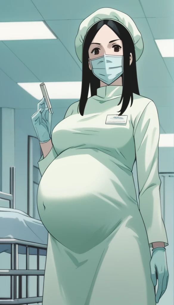 score_9,  score_8_up, score_7_up, source_anime, raw image, masterpiece, highest quality, kasuganoray, pale skin, crafty eyes, long black hair, big breasts, scrubs, surgical mask, bouffant cap, long sleeve maternity dress, put on another long sleeved coat, seamless, navel head, the dress isn't wrinkled, long white stockings,
1girl, pregnant, solo, long rubber gloves, looking down, look at viewer, furrowed brow, hospital bed, light shines from the ceiling, standing, patient room background, she is inquiring about the patient's condition