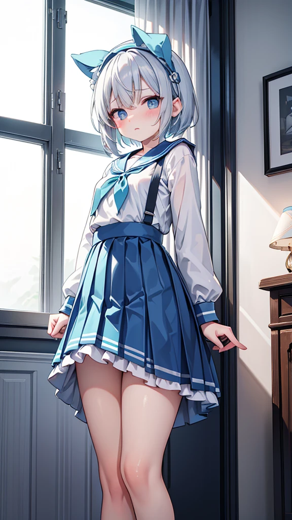 Generate an image of a modest girl with silver hair and cyan eyes, her gaze lowered with a blush. Her hair is short and styled neatly with a small blue headband. She is wearing a traditional with a pleated skirt and a sailor collar, standing by a large window with sunlight streaming in. The camera angle is from a low perspective, highlighting her shy posture and the warm, inviting atmosphere. Ensure the image is a masterpiece with the best quality, very detailed, and very delicate, nsfw