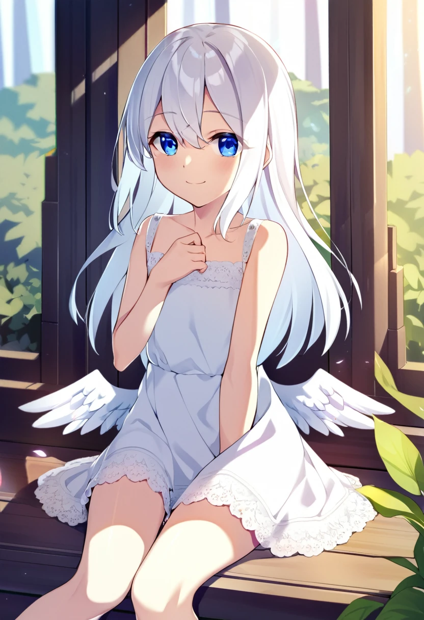 one girl, pure white angel, 13 years old, white dress, sitting, light blue eyes, big angel wing, happily, blush, look at me, naive, angel rings, white hair, my sweat angel