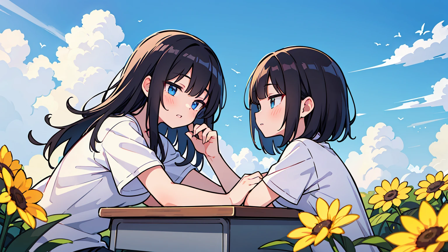 (masterpiece, best quality),2 18 year old women, black hair,golden bob, different faces, Rape flower, long hair, outdoors, short sleeve, chapped lips, cloud, black hair, sunlight, casual attire, angel, whole body, from the side, At the campsite, study at desk,My eyes are on the note, together, stylish outfit,
