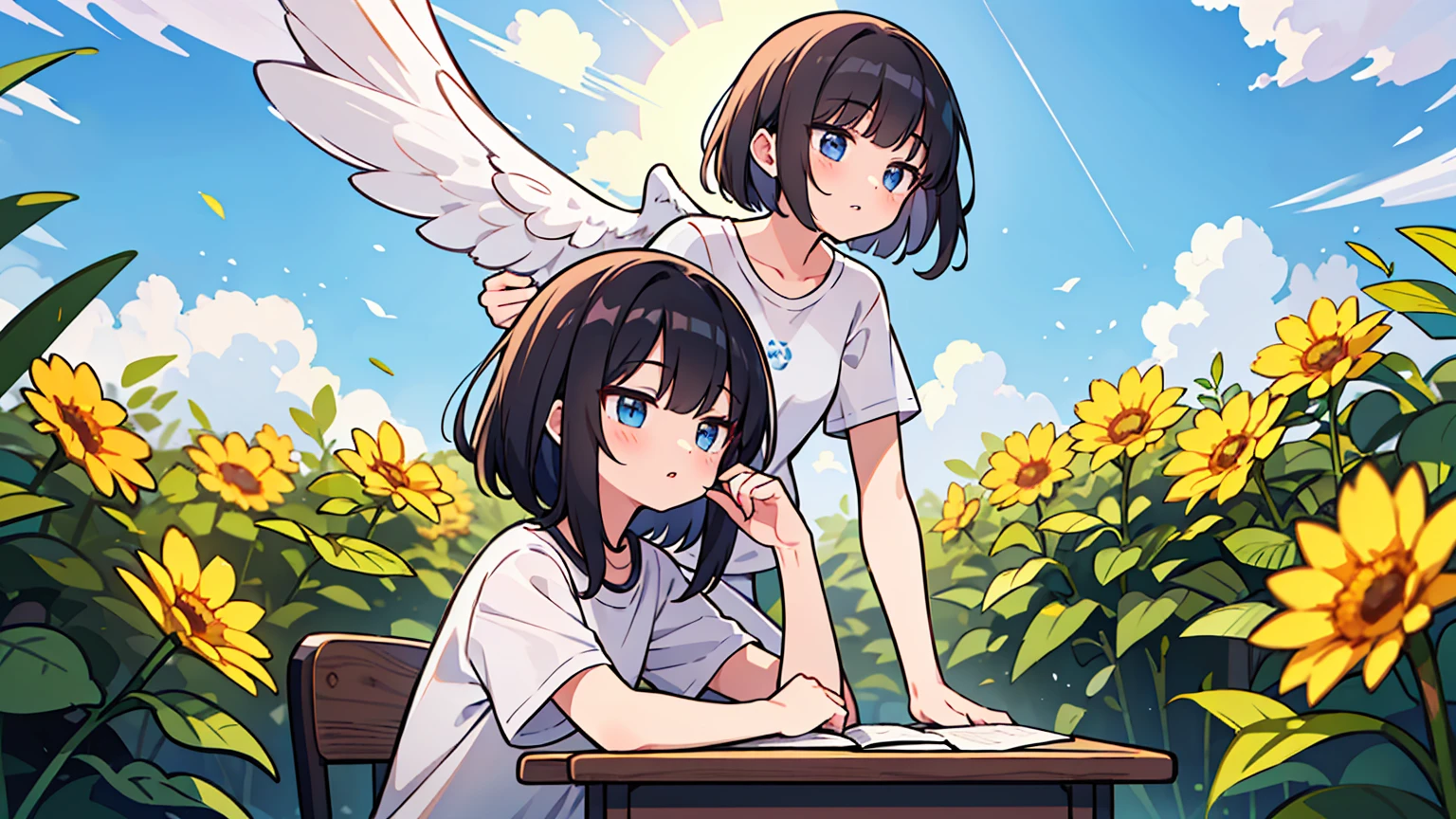 (masterpiece, best quality),2 18 year old women, black hair,golden bob, different faces, Rape flower, long hair, outdoors, short sleeve, chapped lips, cloud, black hair, sunlight, casual attire, angel, whole body, from the side, At the campsite, study at desk,My eyes are on the note, together, stylish outfit,