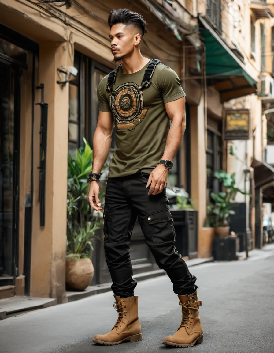 Rocker man with black t-shirt or shirt, black military pants, Café, camel, military green and black military boots Accessories such as indigenous details on the shirt
