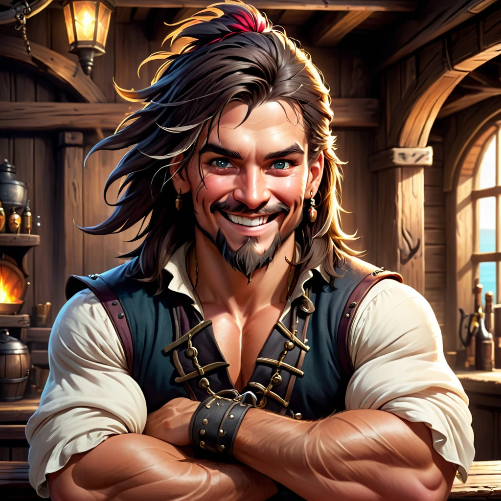 A young pirate with a scar on his face came to the tavern. He was big and strong,muscular athletic build. He had a charming smile. His hair was long. His hands were rough. There was a scar on his face.