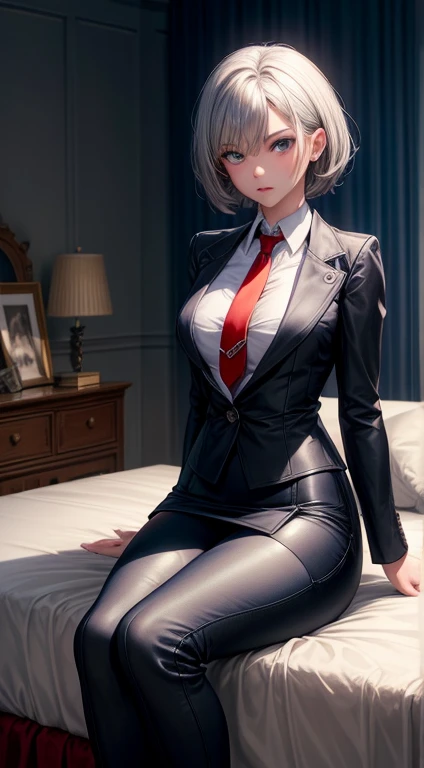 masterpiece, highest quality, high resolution, 1 girl, gray hair, short hair, blue eyes, medium breasts, OL, tie,(red underwear), pencil skirt, Idol Master,anastasia，Knee-high boots，pants suit,((Sit on the bed,Bedroom,sexy))