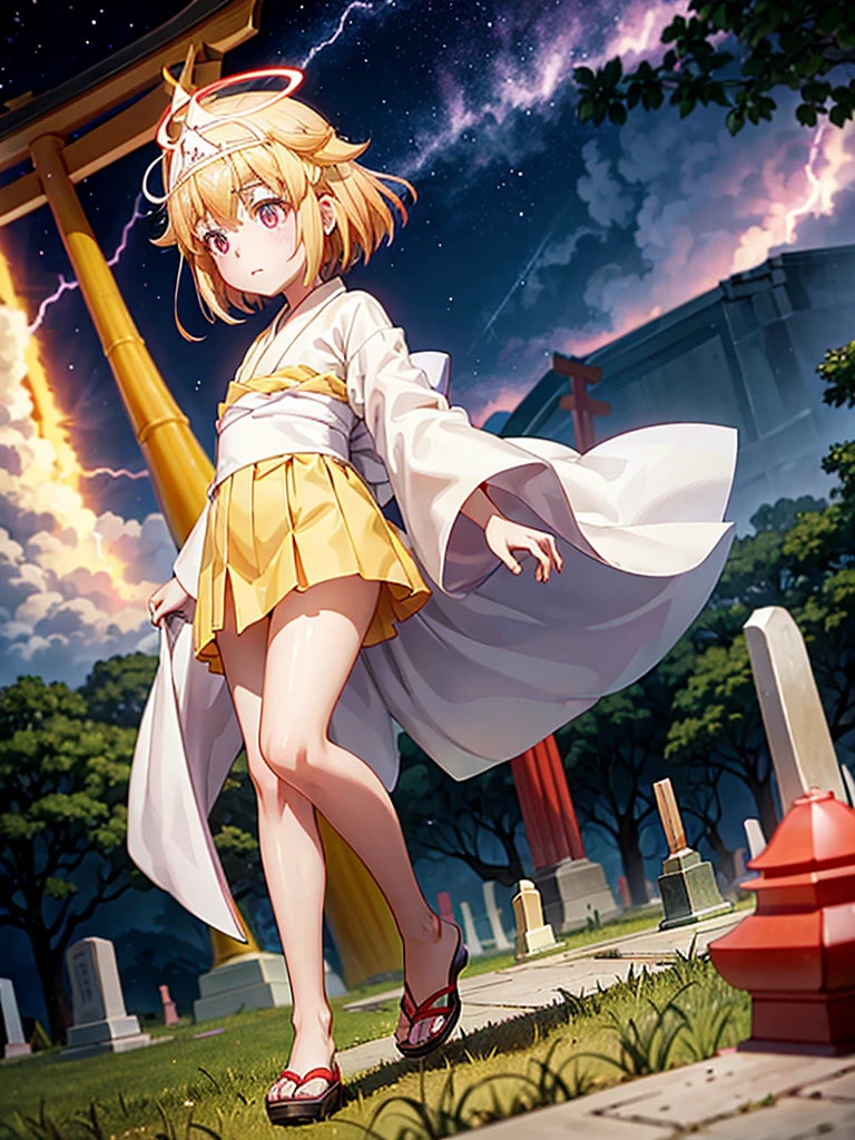 Highest Resolution,Highest quality,A beautiful girl with no expression in a white kimono,No legs,Floating in the air,Very beautiful red eyes,Black Hair,Halo,thunderstorm,Bad weather,Cemetery,A road lined with gravestones,Red Torii Gate,Company,Bamboo grove,lightning,Lightning strikes,whole body,up,front,