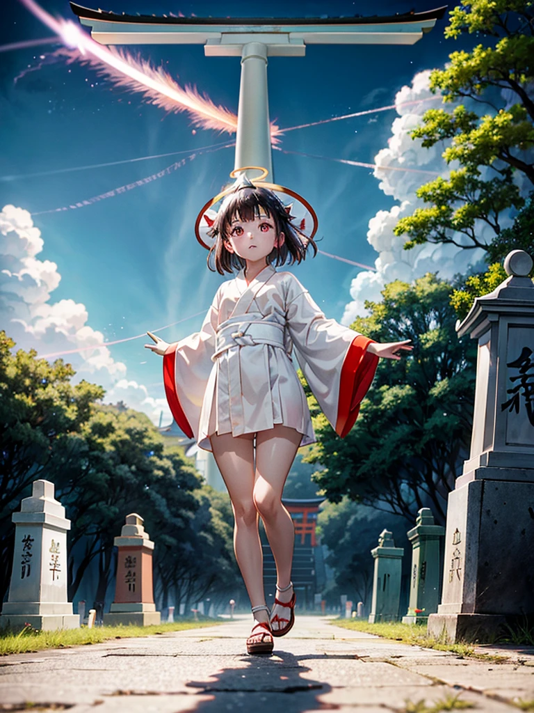 Highest Resolution,Highest quality,A beautiful girl with no expression in a white kimono,No legs,Floating in the air,Very beautiful red eyes,Black Hair,Halo,thunderstorm,Bad weather,Cemetery,A road lined with gravestones,Red Torii Gate,Company,Bamboo grove,lightning,Lightning strikes,whole body,up,front,