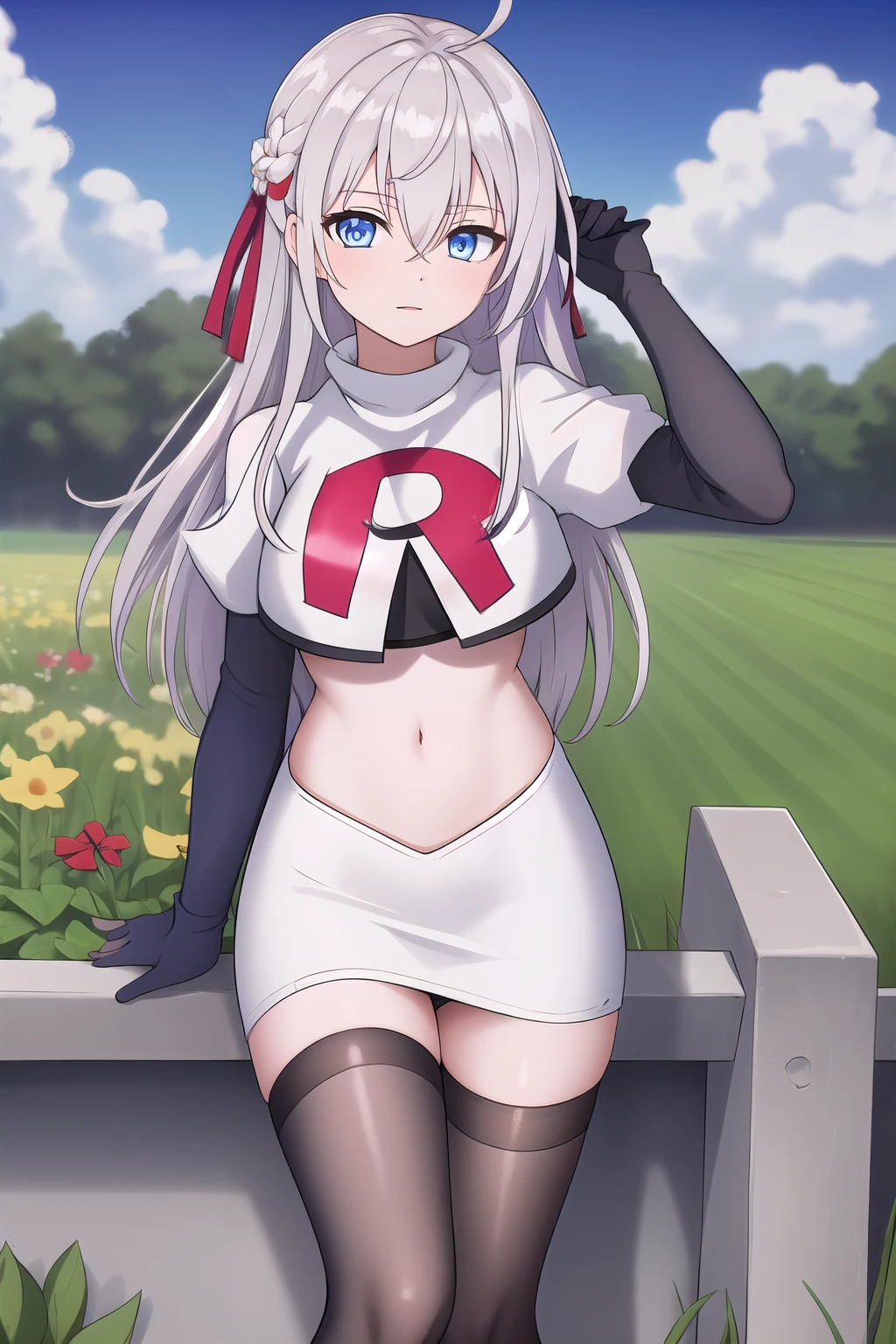 alisa,1girl,solo,long_hair,looking_at_viewer,bangs,blue_eyes,hair_between_eyes,hair_ribbon,ahoge,grey_hair,team rocket,team rocket uniform,white skirt,red letter R,crop top,black thigh-highs,black elbow gloves,flower_field