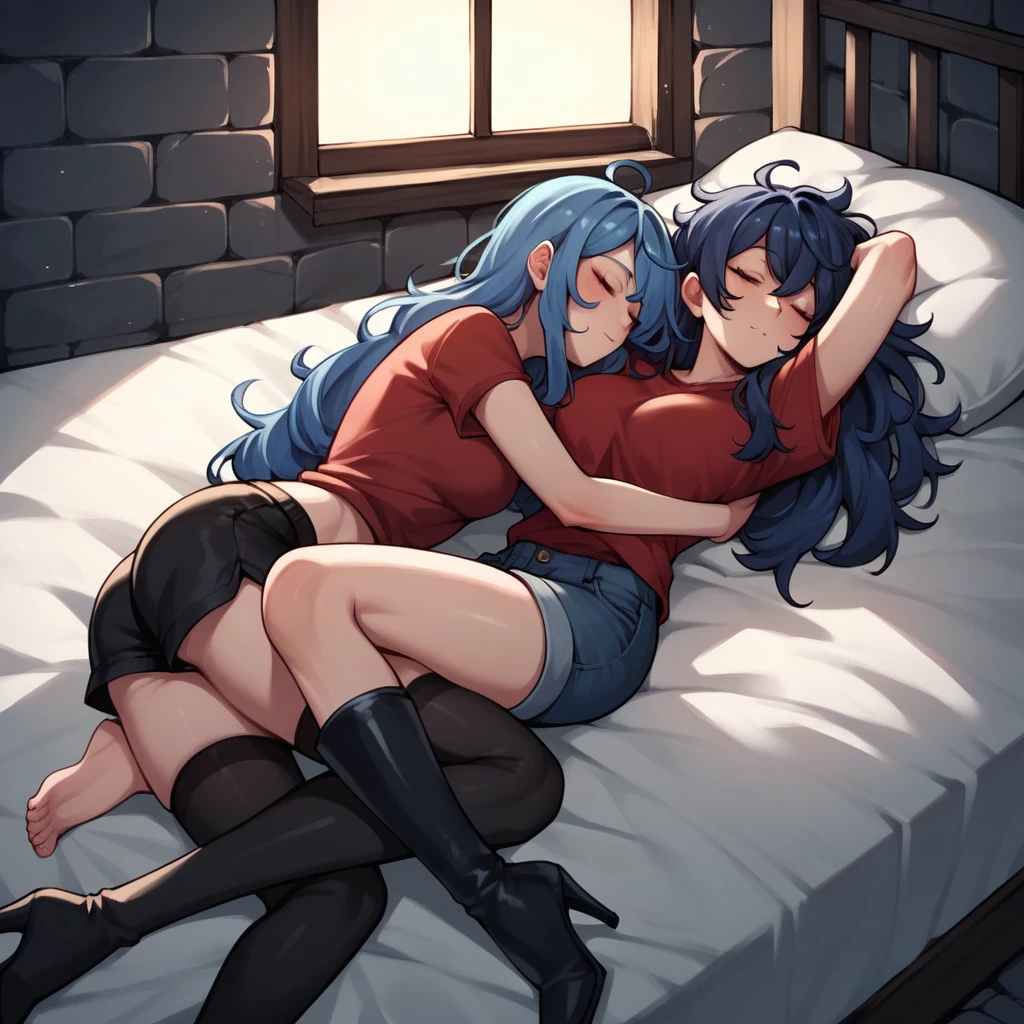score_9, score_8_up, score_7_up, score_6_up, score_5_up, score_4_up, source_anime, 2girl, bed, blue hair, long hair, sleep, hugging, messy hair, red shirts, shorts, black thigh boots, heels, night, dungeon, best quality, best res, 4K UHD,