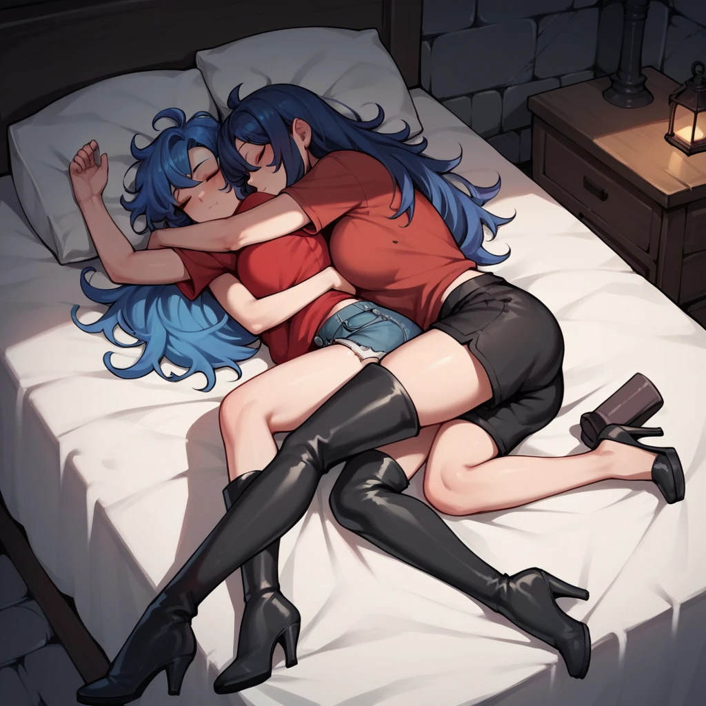 score_9, score_8_up, score_7_up, score_6_up, score_5_up, score_4_up, source_anime, 2girl, bed, blue hair, long hair, sleep, hugging, messy hair, red shirts, shorts, black thigh boots, heels, night, dungeon, best quality, best res, 4K UHD,
 