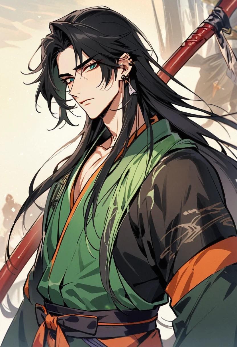 Rogue, 1male, use dragger, fasionlonghair, handsome , blackhairhightlightgreen, japan style, coolman, fantasy, earing, 24 yearold,thin, kind