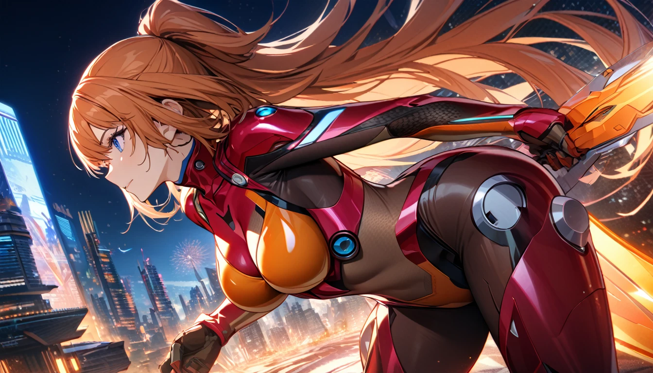 Adult girl, long orange hair, blue eyes, cyborg, very tight transparent batllesuit, cyber blades on hands, transparent elements, Masterpiece, best quality, Full HD, 8k, ultra details, great graphic, asuka koukawa, taimanin suit, bodystocking, futuristic city, night, moon,