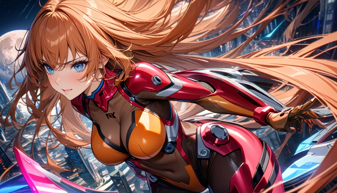 Adult girl, long orange hair, blue eyes, cyborg, very tight transparent batllesuit, cyber blades on hands, transparent elements, Masterpiece, best quality, Full HD, 8k, ultra details, great graphic, asuka koukawa, taimanin suit, bodystocking, futuristic city, night, moon,