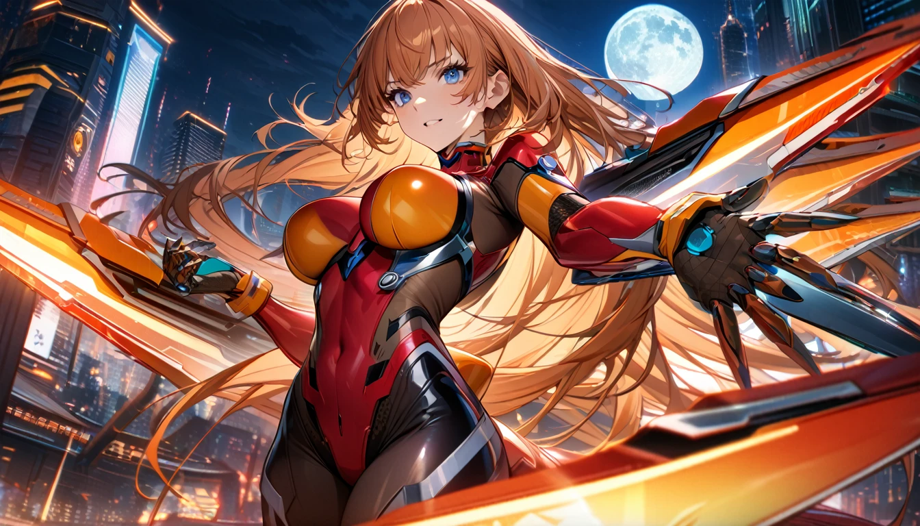 Adult girl, long orange hair, blue eyes, cyborg, very tight transparent batllesuit, cyber blades on hands, transparent elements, Masterpiece, best quality, Full HD, 8k, ultra details, great graphic, asuka koukawa, taimanin suit, bodystocking, futuristic city, night, moon,