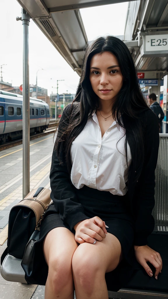 British lady with long black hair sitting at the train station in London