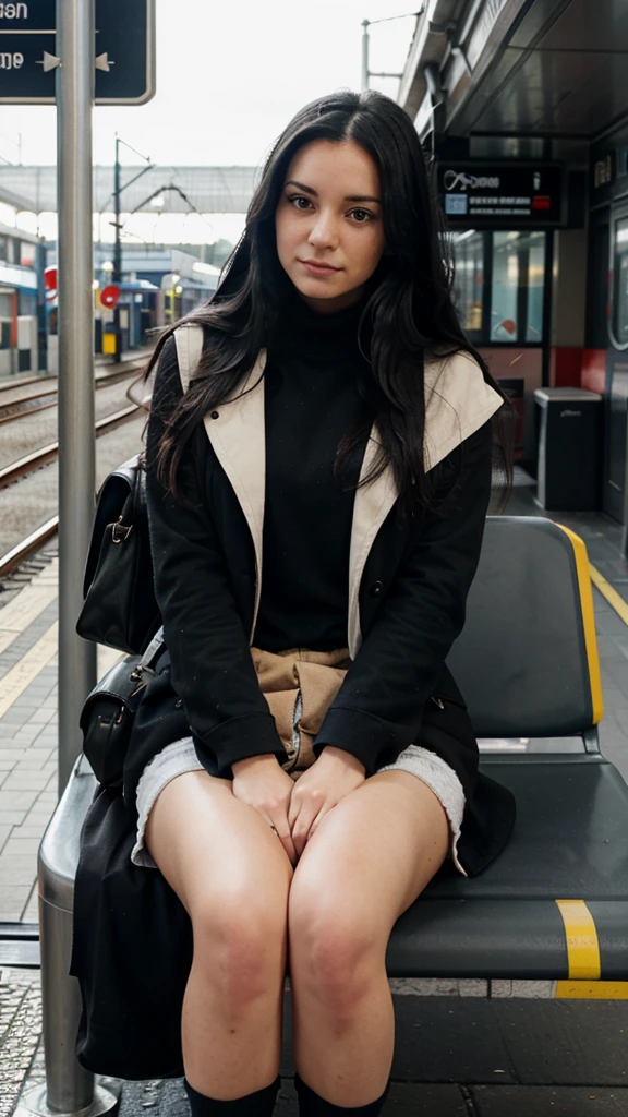 British lady with long black hair sitting at the train station in London